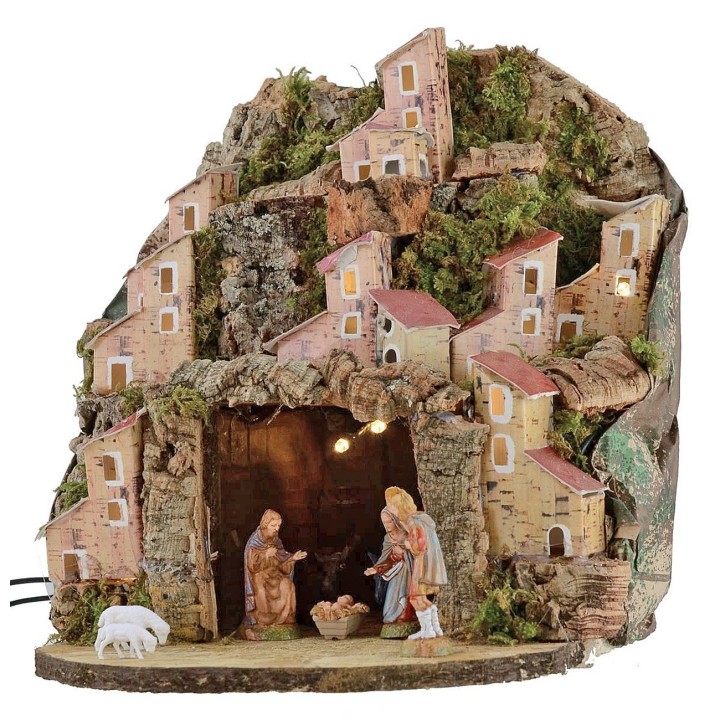 Presepe illuminato completo di statue Landi con villaggio e