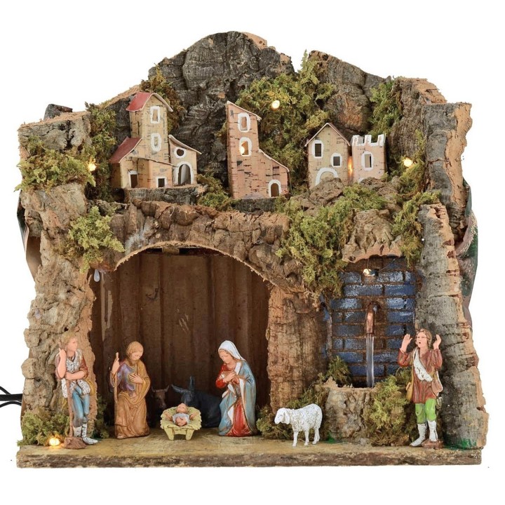 Illuminated nativity scene complete with Landi series 8 cm statues