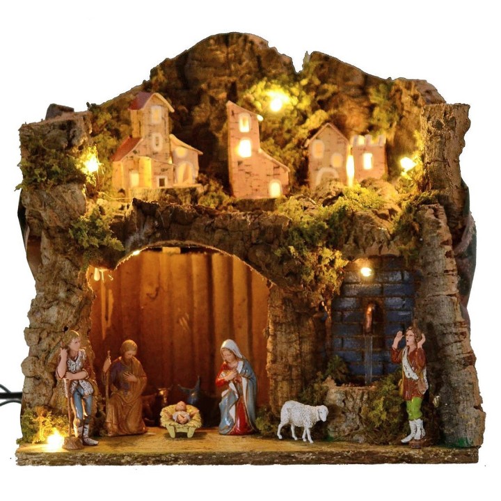 Presepe illuminato completo di statue serie Landi 8 cm con