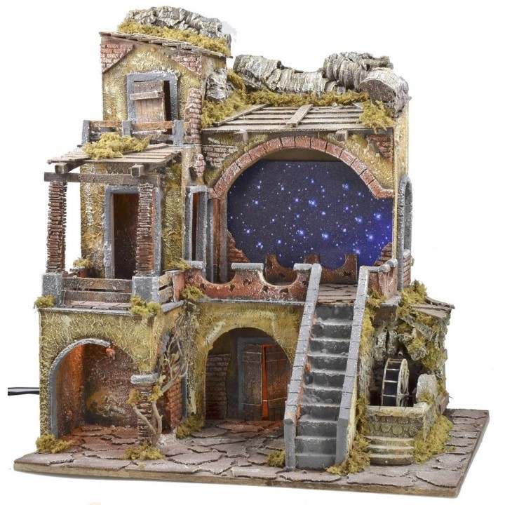 Presepe illuminato con cielo stellato a fibre ottiche e mulino