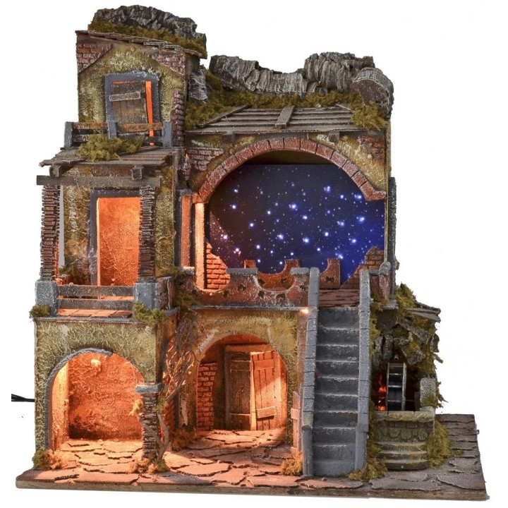 Presepe illuminato con cielo stellato a fibre ottiche e mulino