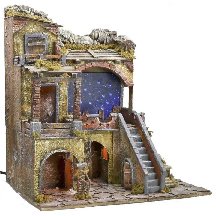 Presepe illuminato con cielo stellato a fibre ottiche e mulino