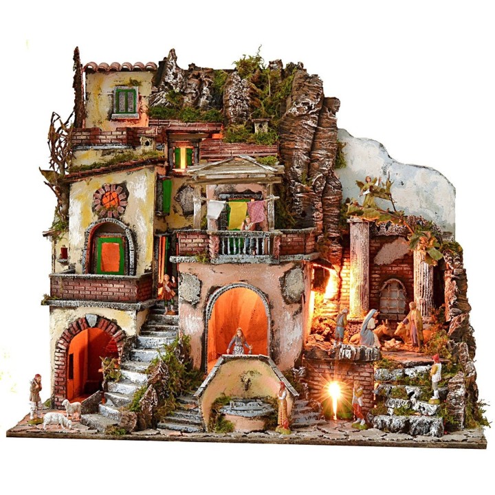 Presepe illuminato con fontana e fuoco funzionante completo di