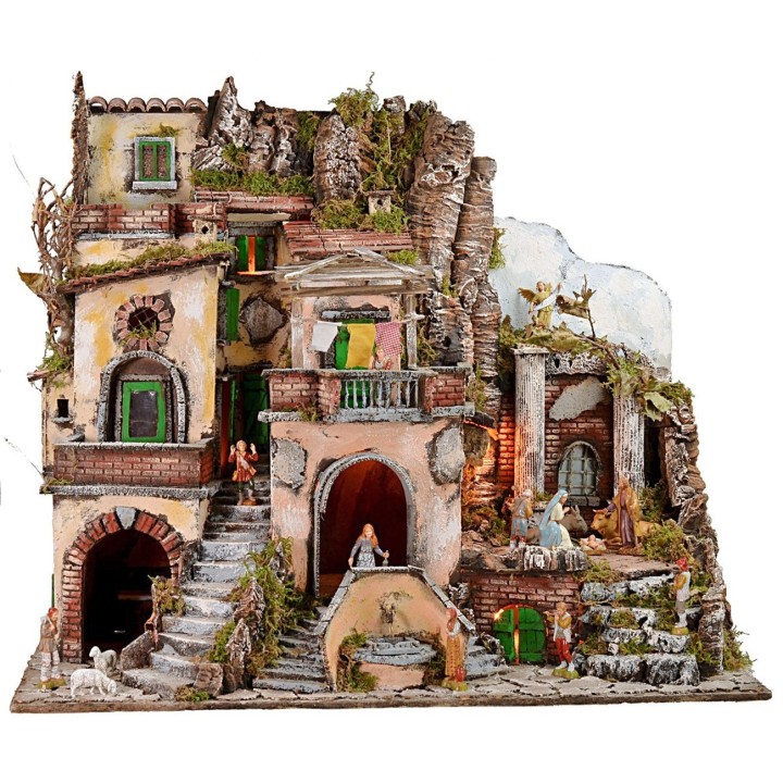 Pesebre iluminado con fuente y fuego funcionando completo de
