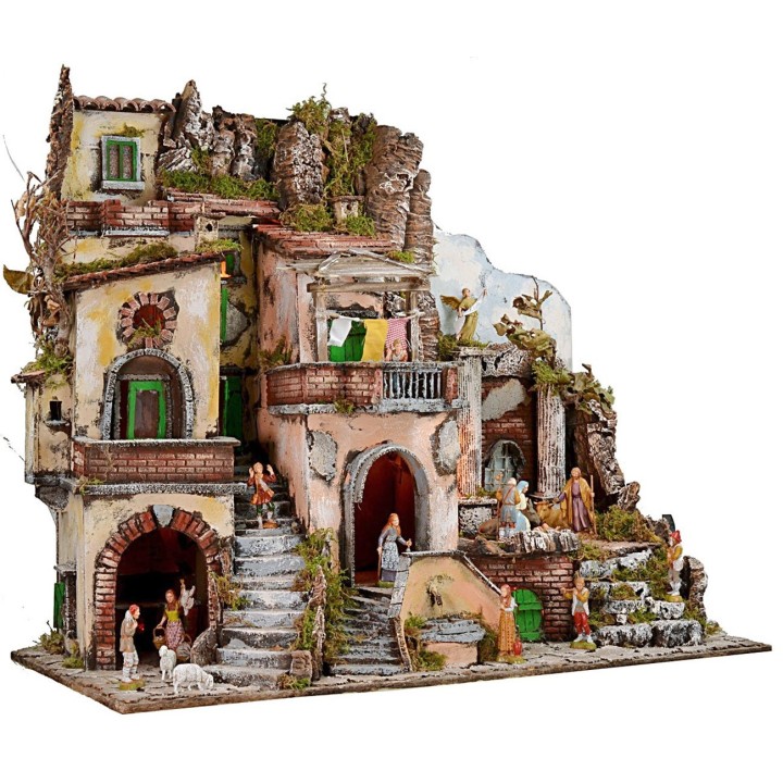 Illuminated nativity scene with working fountain and fire complete with