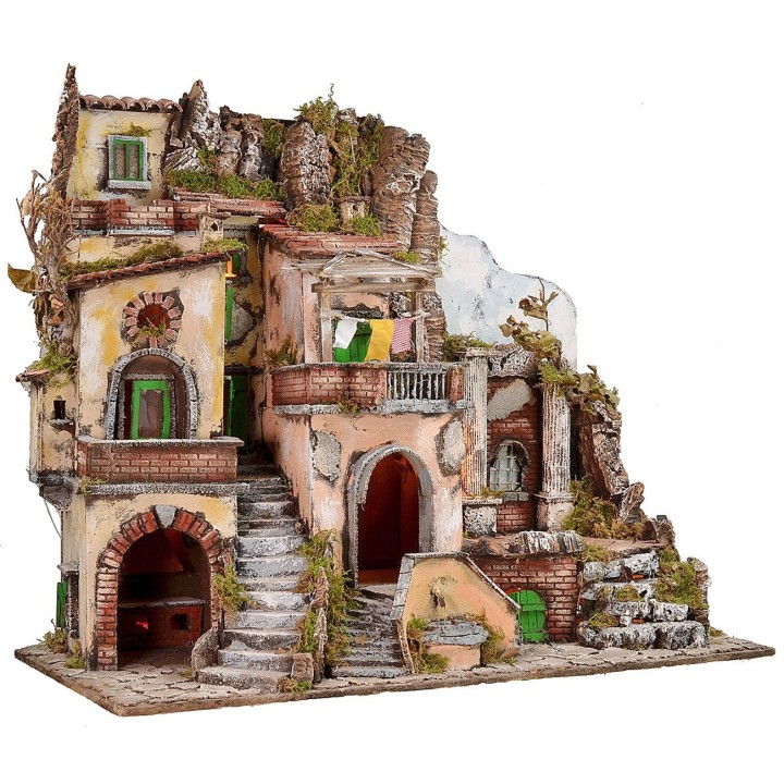 Illuminated nativity scene with working fountain and fire cm