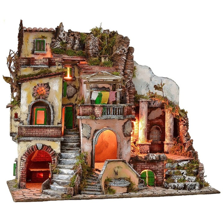 Presepe illuminato con fontana e fuoco funzionanti cm