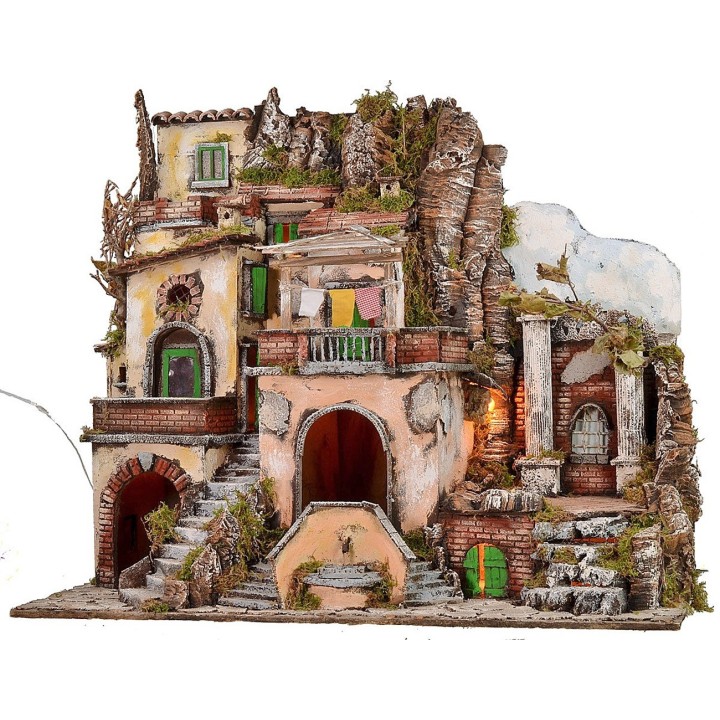Presepe illuminato con fontana e fuoco funzionanti cm