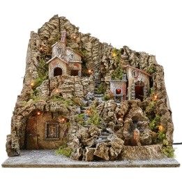 Illuminated nativity scene with working oven and waterfall cm