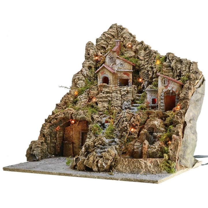 Presepe illuminato con forno e cascata funzionanti cm