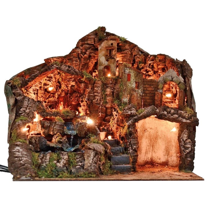 Illuminated nativity scene with working fire and waterfall cm