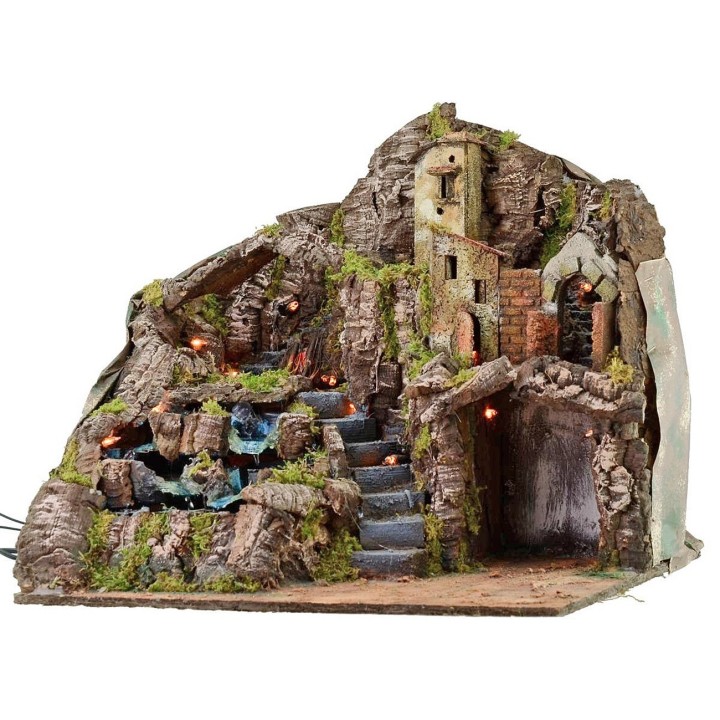 Illuminated nativity scene with working fire and waterfall cm