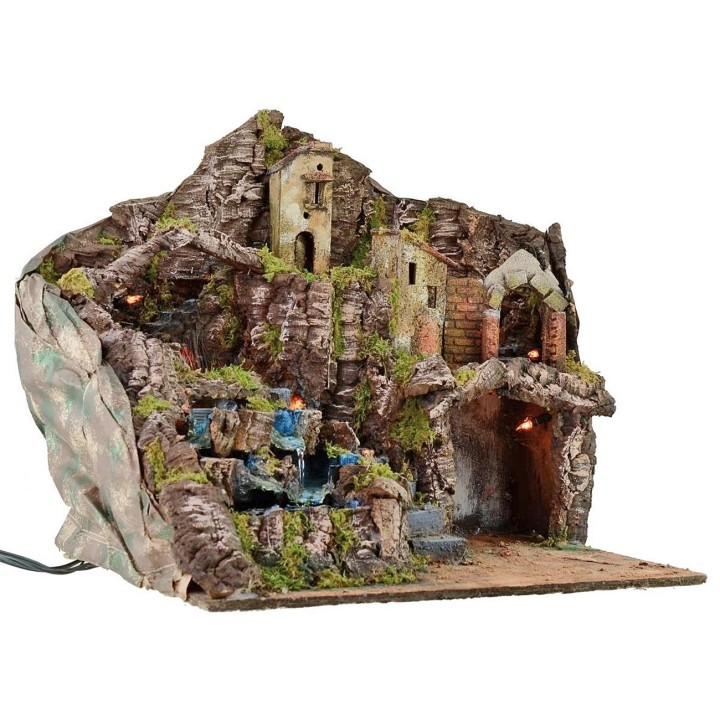 Illuminated nativity scene with working fire and waterfall cm