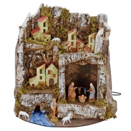 Illuminated nativity scene with grotto and Landi statues cm 27x17x26 h