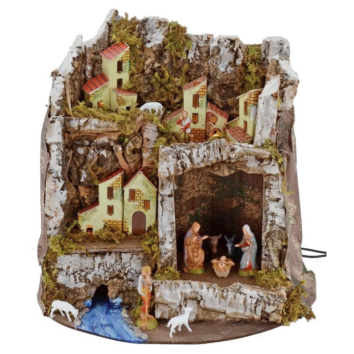 Presepe illuminato con grotta e statue Landi cm 27x17x26 h