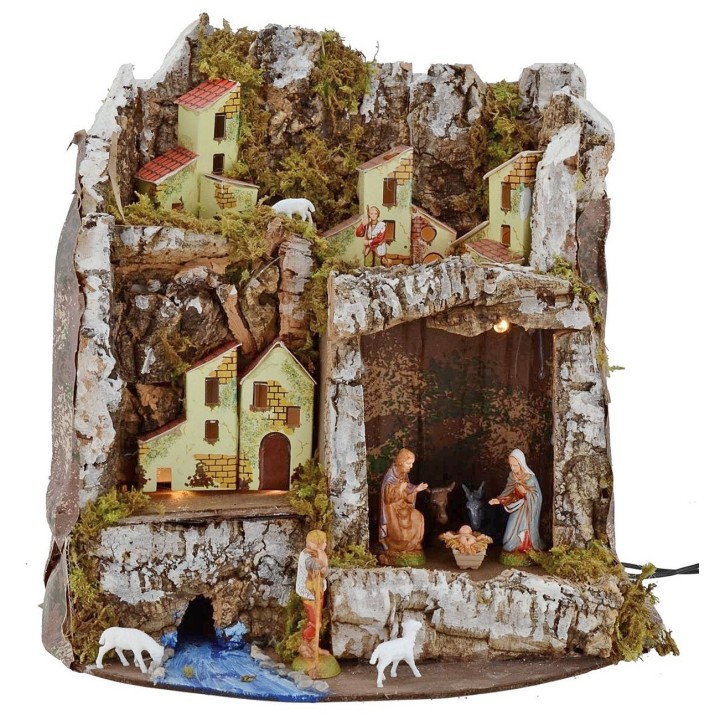 Presepe illuminato con grotta e statue Landi cm 27x17x26 h