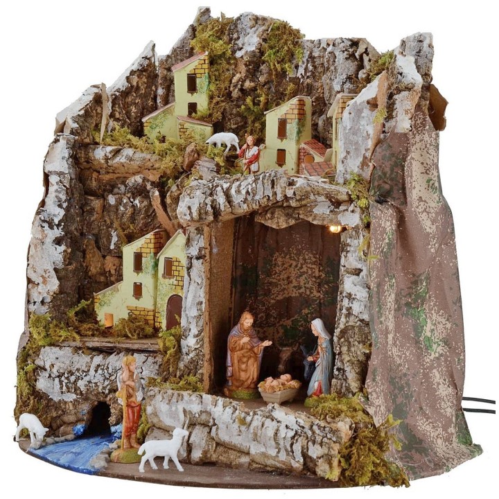 Presepe illuminato con grotta e statue Landi cm 27x17x26 h