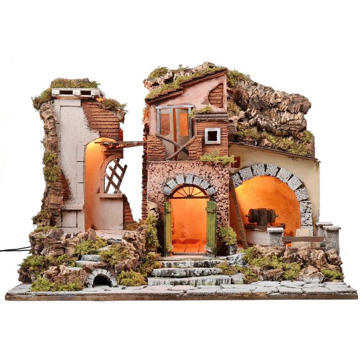 Presepe illuminato con macina funzionante cm 60x40x45 h