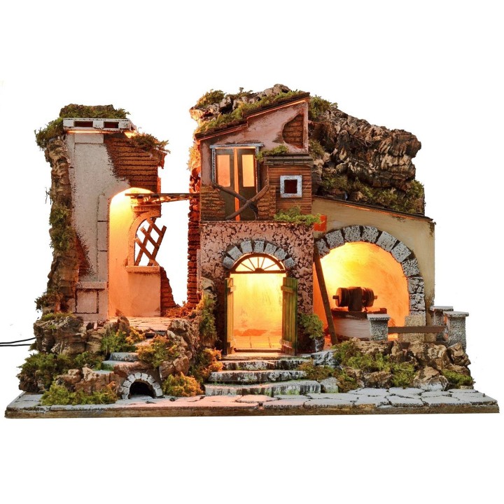 Presepe illuminato con macina funzionante cm 60x40x45 h