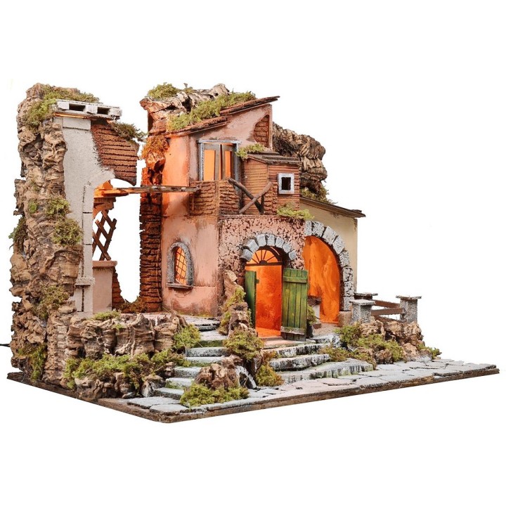 Presepe illuminato con macina funzionante cm 60x40x45 h