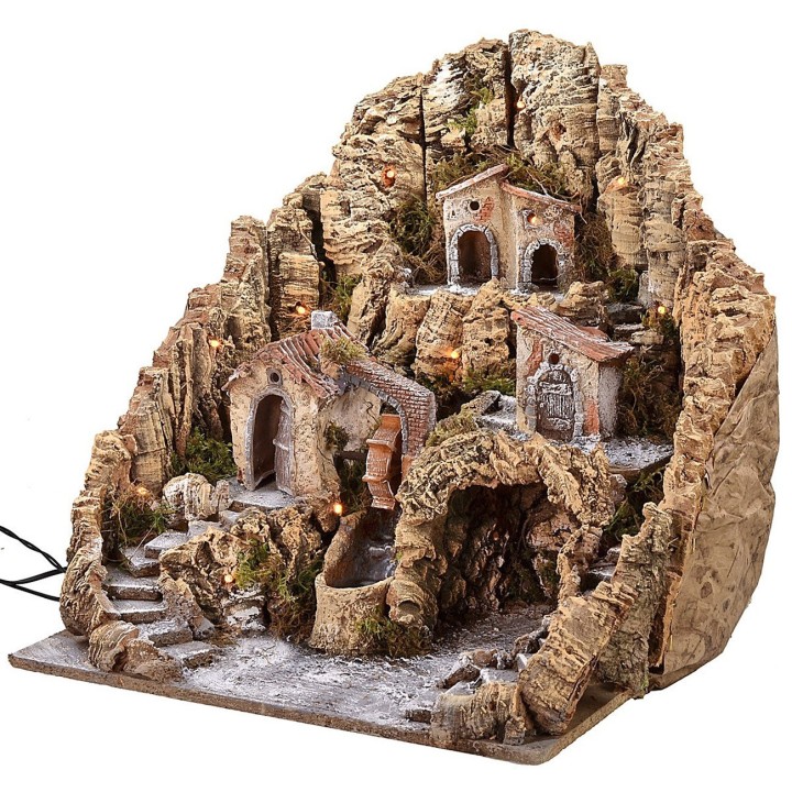 Illuminated nativity scene with water mill and waterfall cm 53x45x49 h