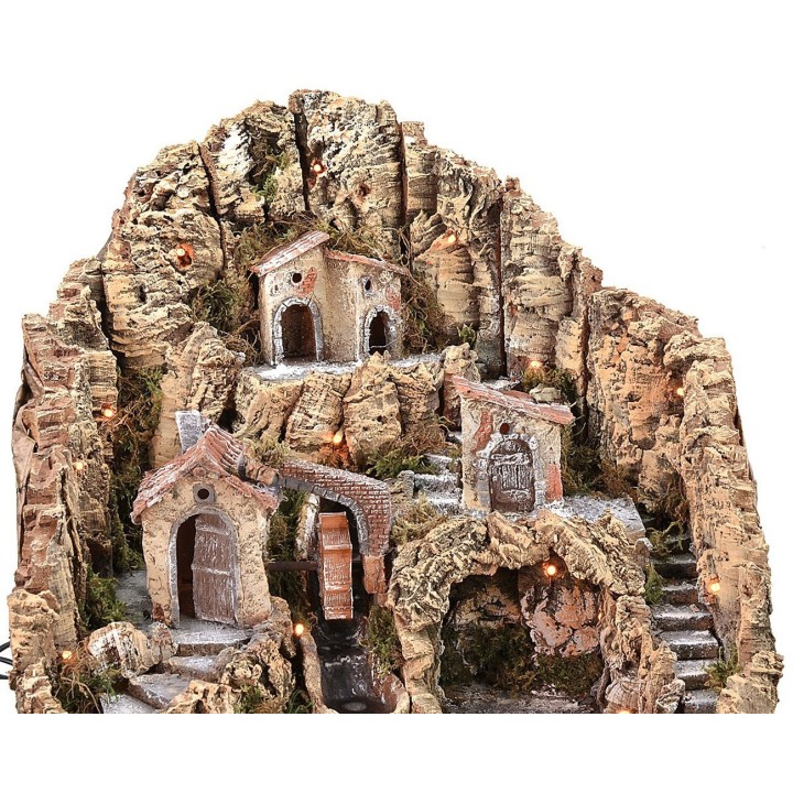 Illuminated nativity scene with water mill and waterfall cm 53x45x49 h