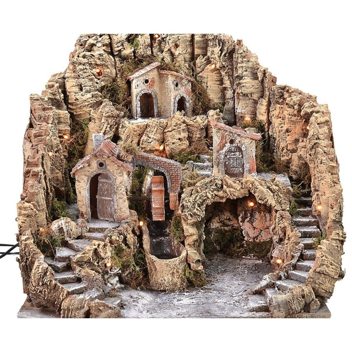 Pesebre iluminado con molino de agua y cascada cm 53x45x49 h