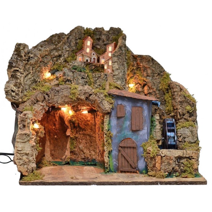 Presepe illuminato con mulino ad acqua funzionante cm 45x30x41 h