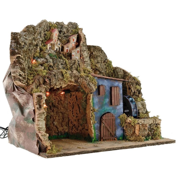 Presepe illuminato con mulino ad acqua funzionante cm 45x30x41 h