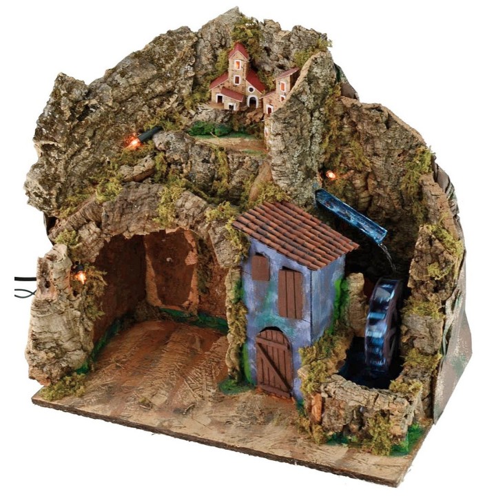 Presepe illuminato con mulino ad acqua funzionante cm 45x30x41 h