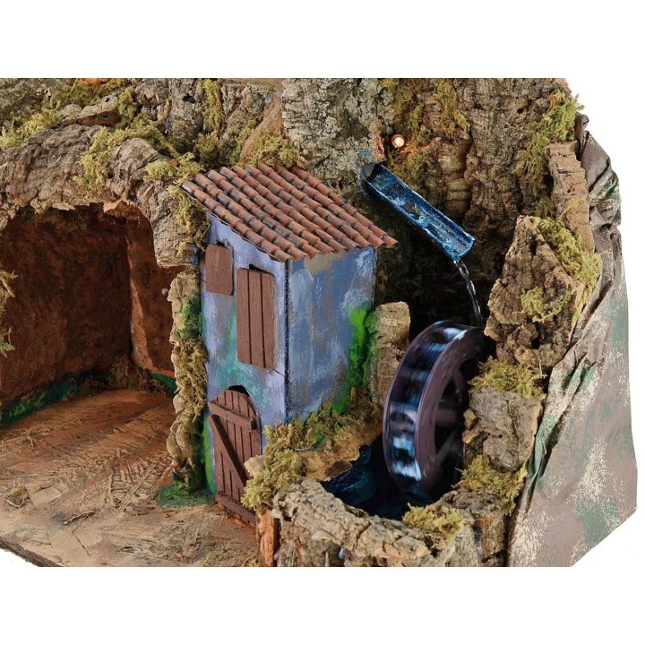 Presepe illuminato con mulino ad acqua funzionante cm 45x30x41 h