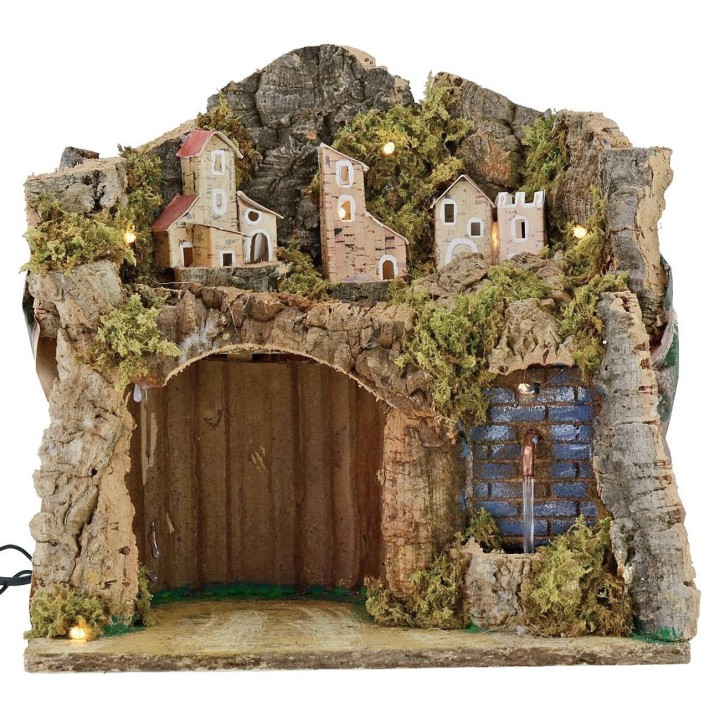 Presepe illuminato con paesaggio e fontana funzionante cm