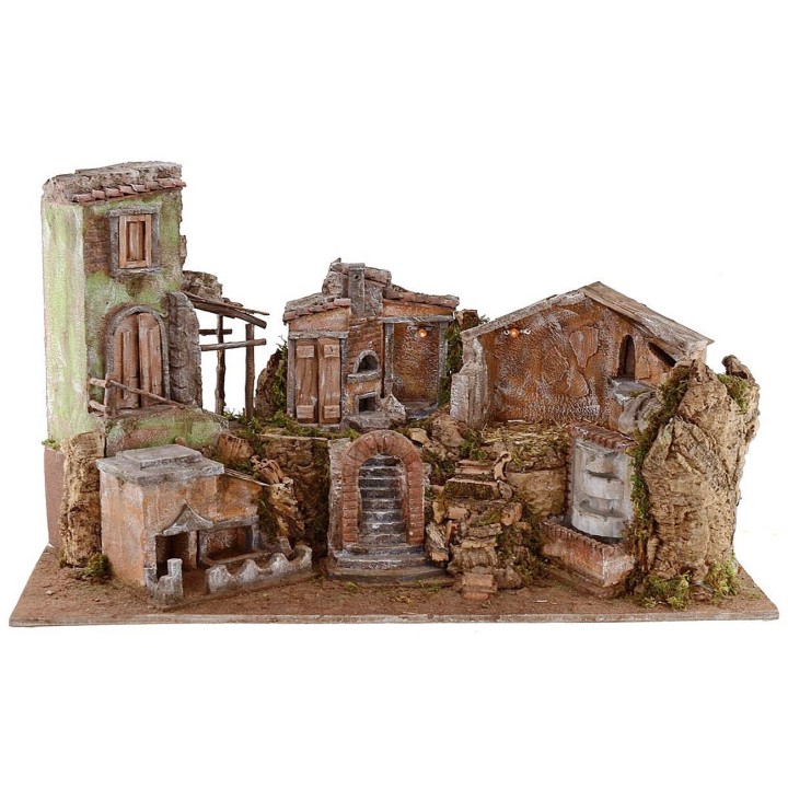 Presepe illuminato con paesaggio e fontana funzionante cm
