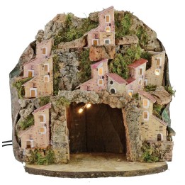 Presepe illuminato con villaggio e grotta cm 20x20x24 h