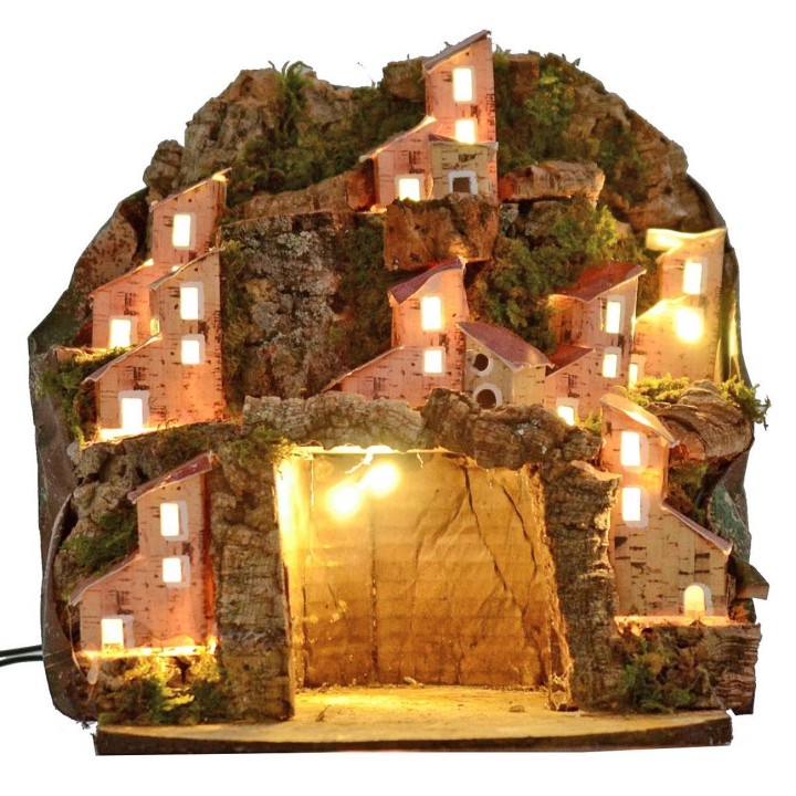 Presepe illuminato con villaggio e grotta cm 20x20x24 h
