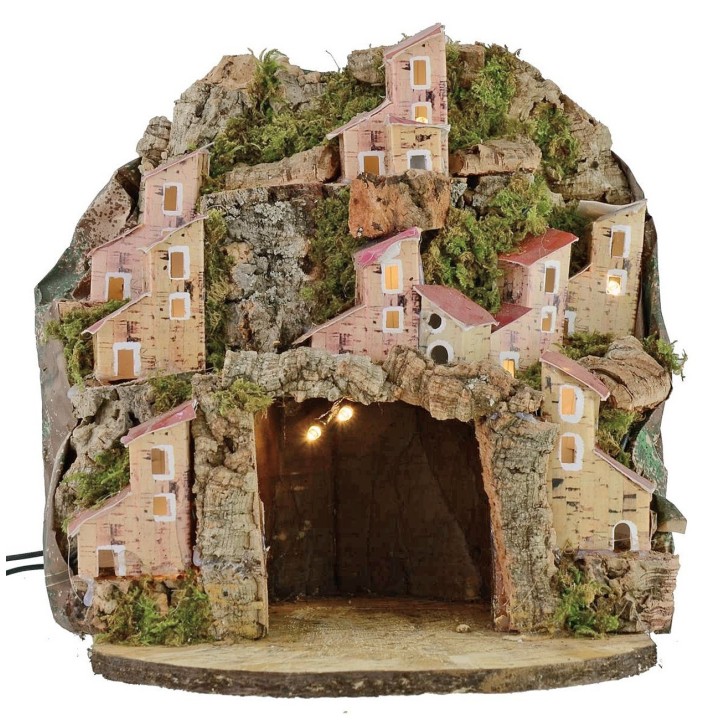 Presepe illuminato con villaggio e grotta cm 20x20x24 h