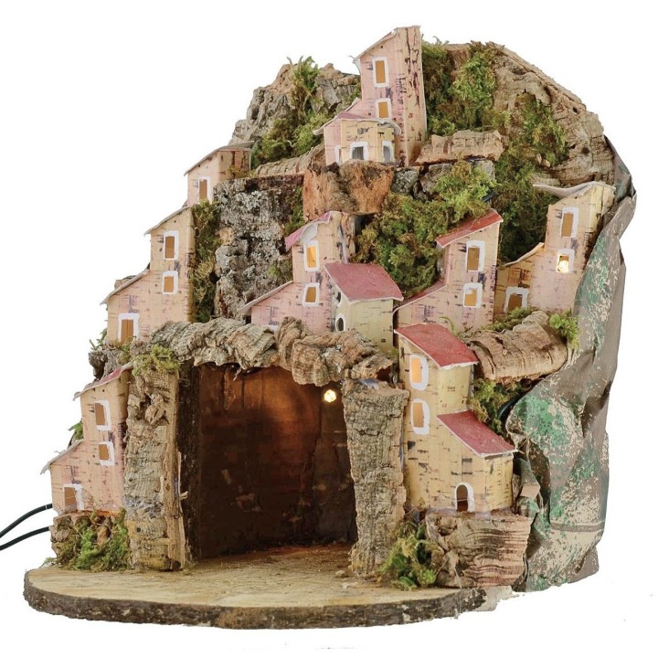 Illuminated nativity scene with village and grotto cm 20x20x24 h