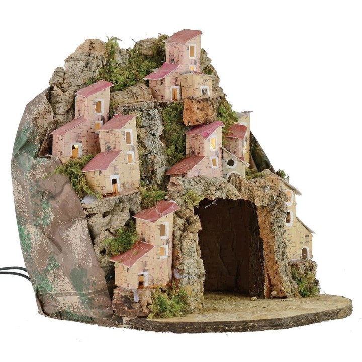 Presepe illuminato con villaggio e grotta cm 20x20x24 h