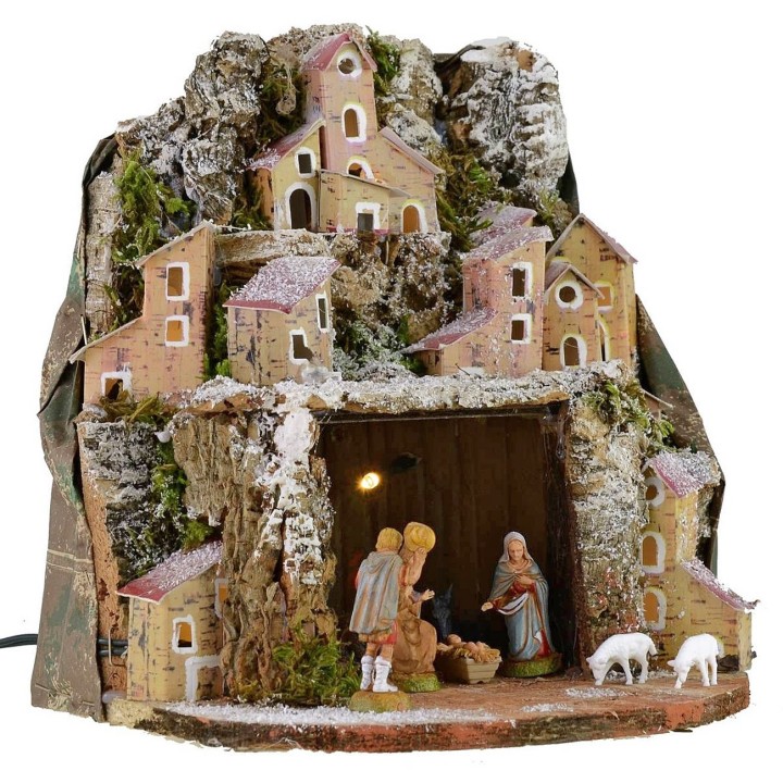 Presepe innevato illuminato completo di statue Landi con