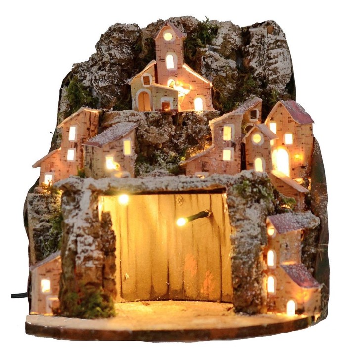 Presepe innevato illuminato con villaggio e grotta cm 20x20x24 h