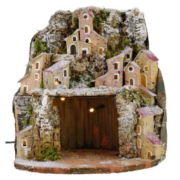 Presepe innevato illuminato con villaggio e grotta cm 20x20x24 h
