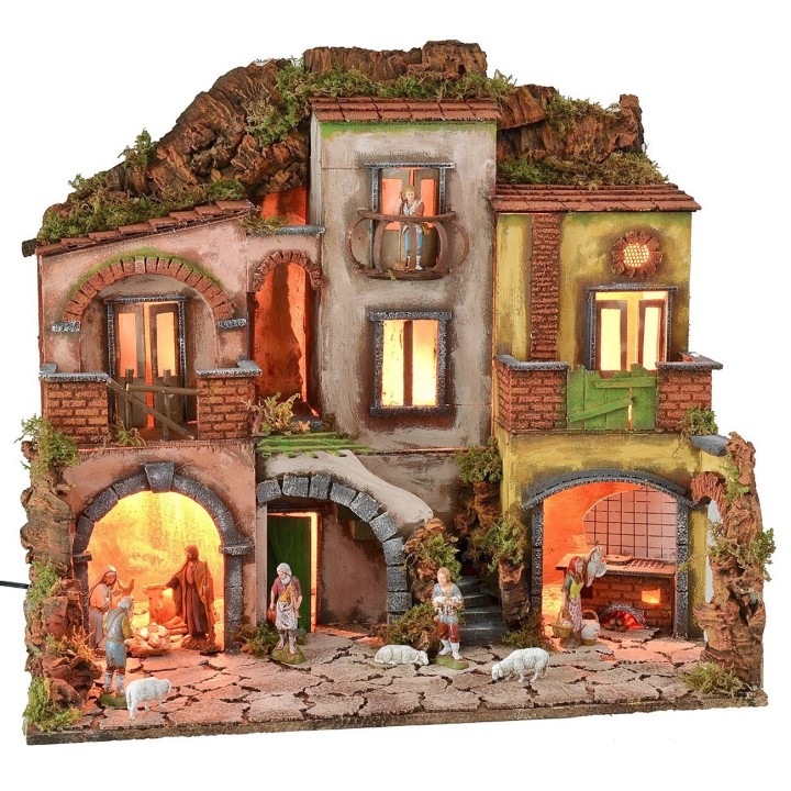 Presepe napoletano illuminato completo di statue Landi con
