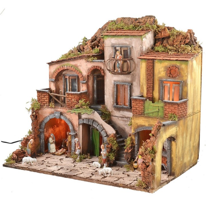 Presepe napoletano illuminato completo di statue Landi con