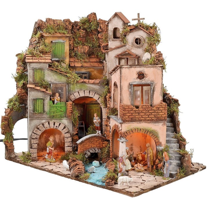 Presepe napoletano illuminato completo di statue Landi con