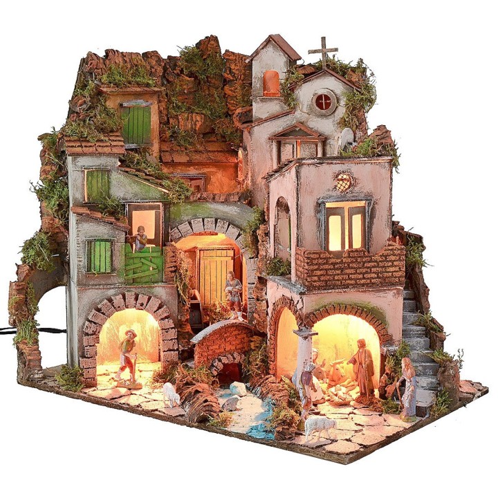 Presepe napoletano illuminato completo di statue Landi con