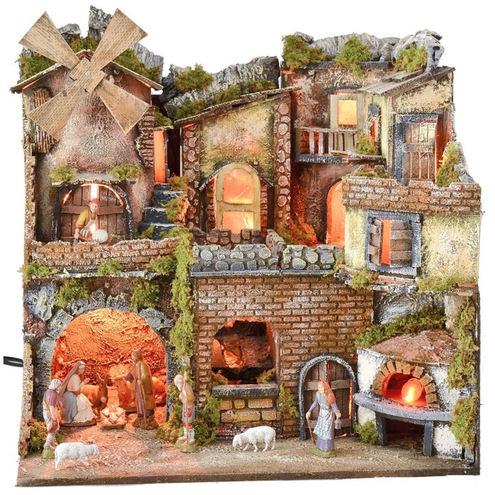 Pesebre napolitano iluminado con horno, cascada y molino