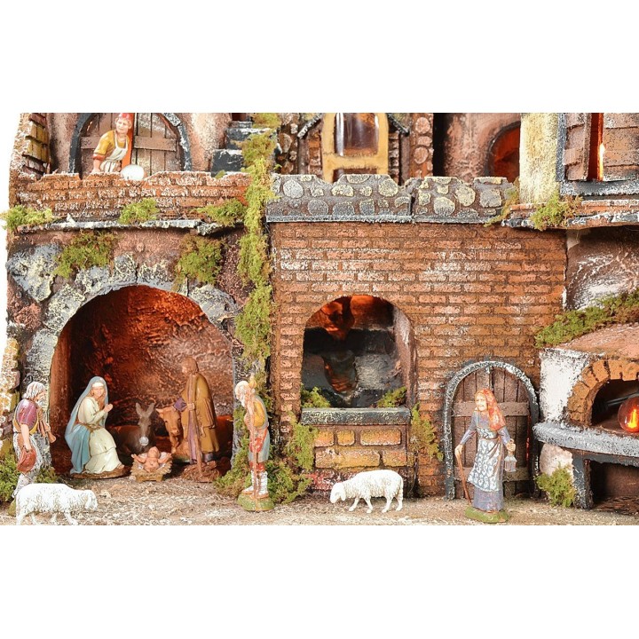 Pesebre napolitano iluminado con horno, cascada y molino