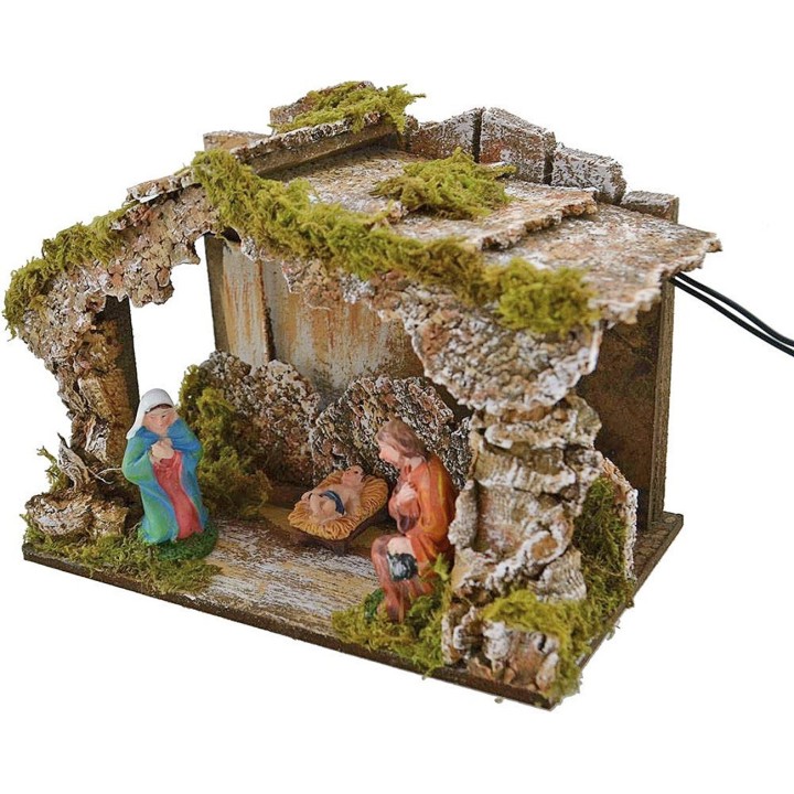 Capanna con natività e luce a batteria