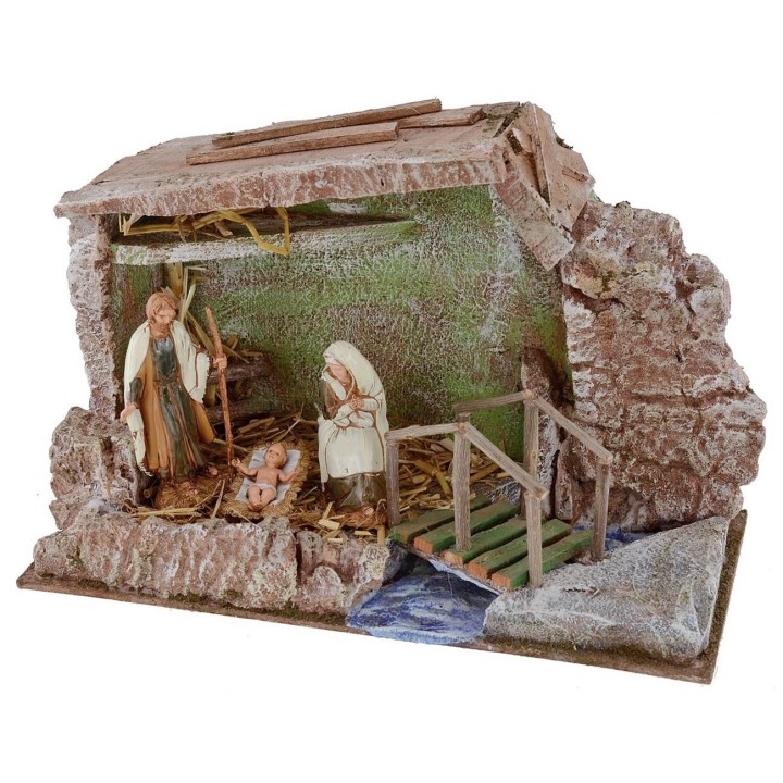 Capanna completa di Natività Landi 10 cm con ponte e ruscello
