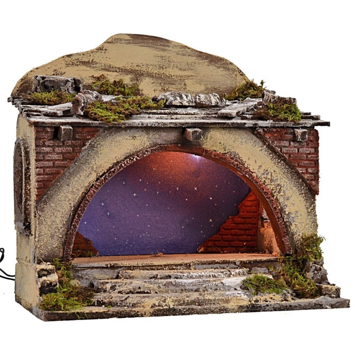 Cabaña iluminada con escaleras y cielo estrellado titilante cm